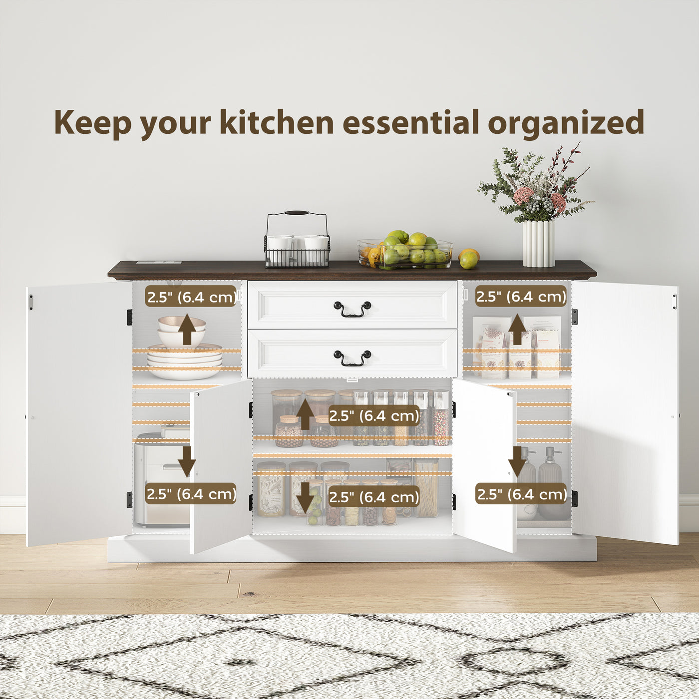 Farmhouse Sideboard with Charging Station and Thickened Top, 58" Buffet Cabinet with 2 Soft-Close Drawers, White