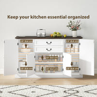 Farmhouse Sideboard with Charging Station and Thickened Top, 58" Buffet Cabinet with 2 Soft-Close Drawers, White