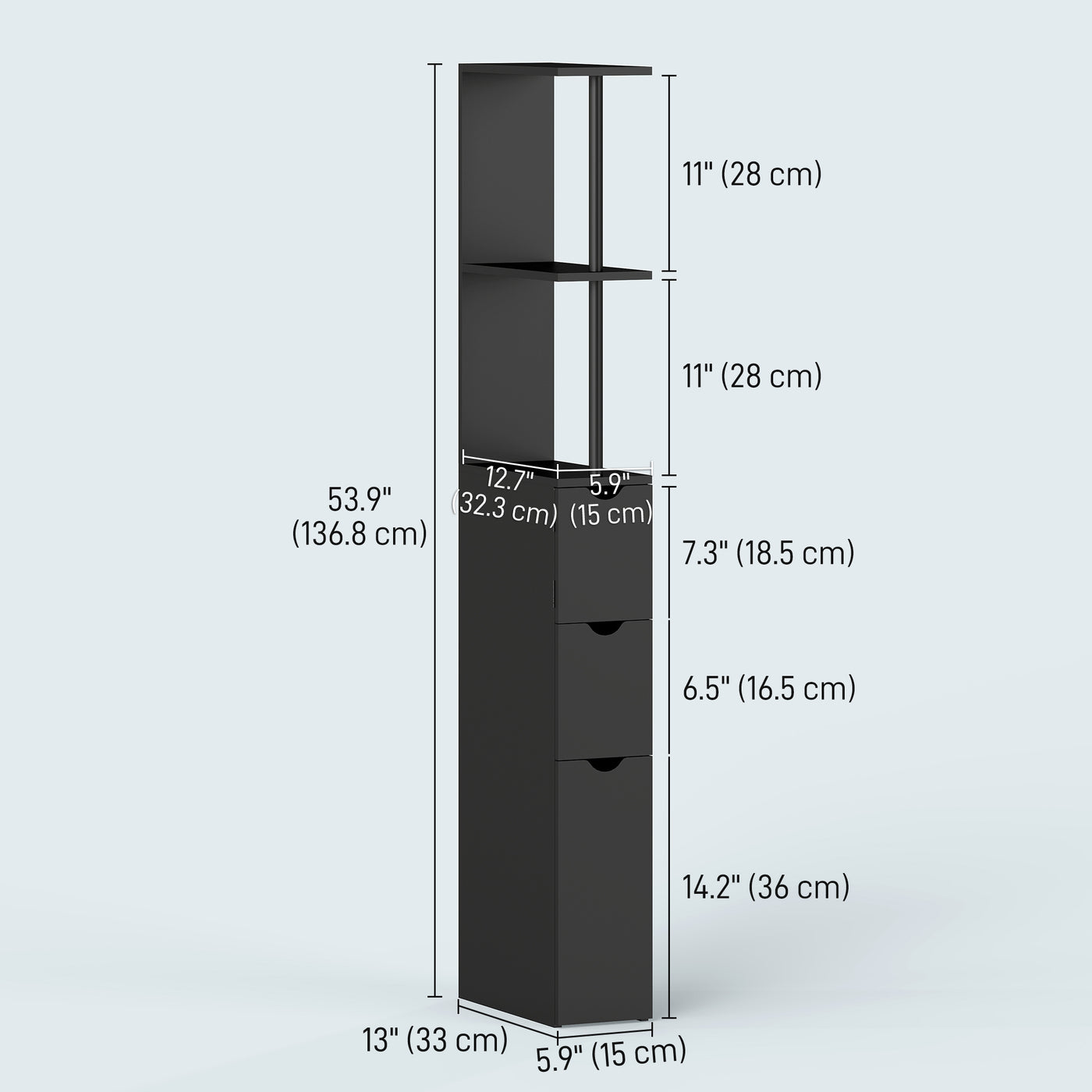 Tall Bathroom Storage Cabinet, Narrow Bathroom Cabinet with Drawers and Open Shelves for Small Spaces, Black