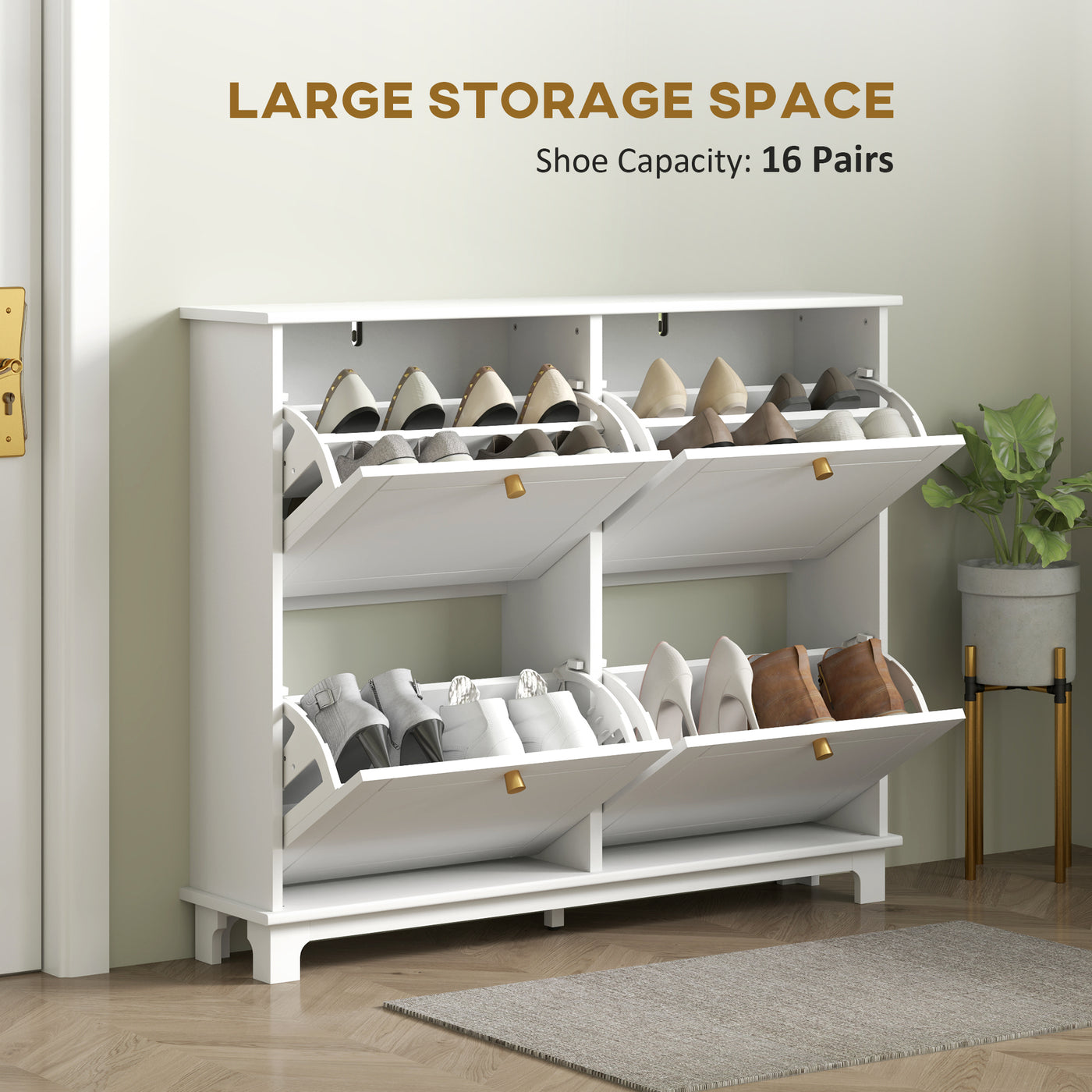 Modern Shoe Storage Cabinet, Narrow Shoe Cabinet with 4 Flip Drawers, Adjustable Shelves, 5 Legs for Entryway, White