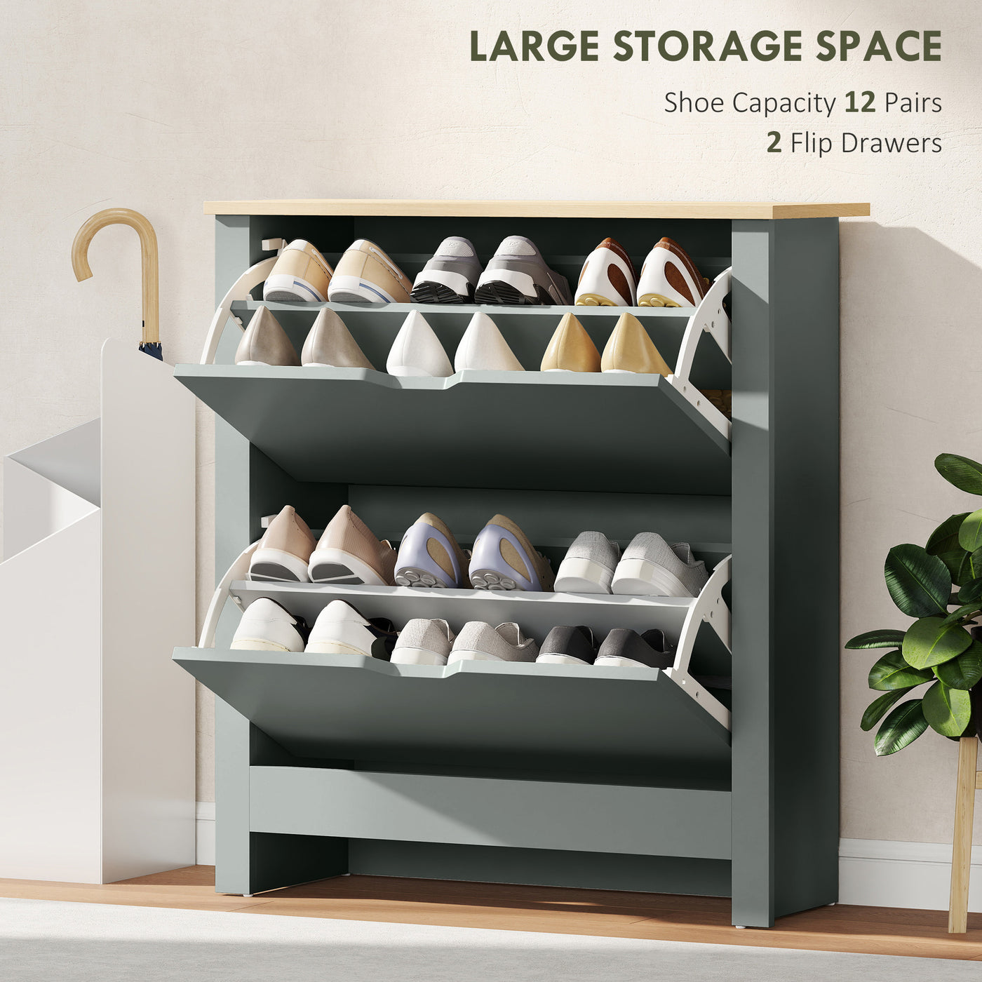 Shoe Storage Cabinet with 2 Flip Drawers and Adjustable Shelves for 8–12 Pairs of Shoes, Light Grey