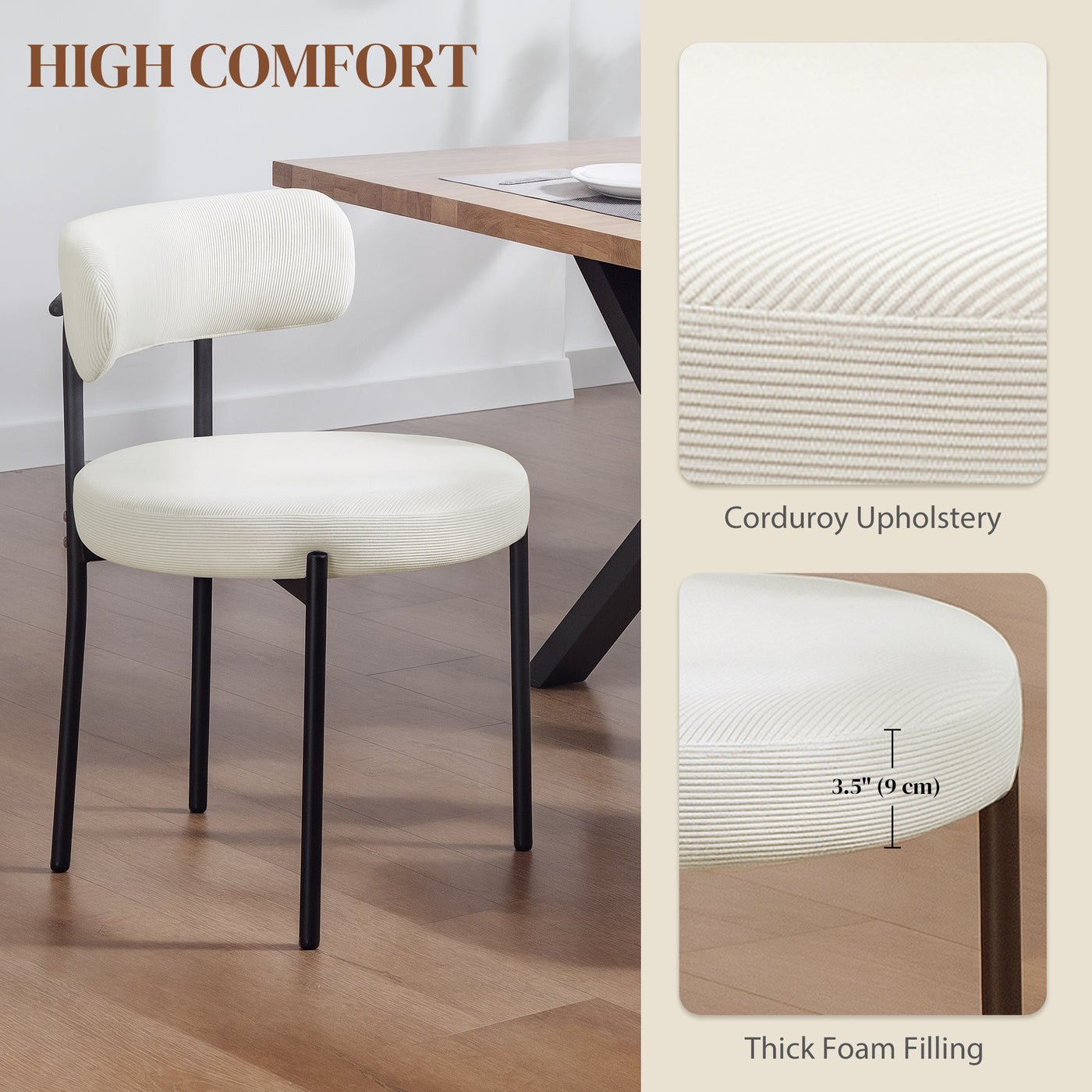 4 Pieces Kitchen Chairs, Modern Dining Chairs with Corduroy Upholstery and Steel Legs for Living Room, Beige