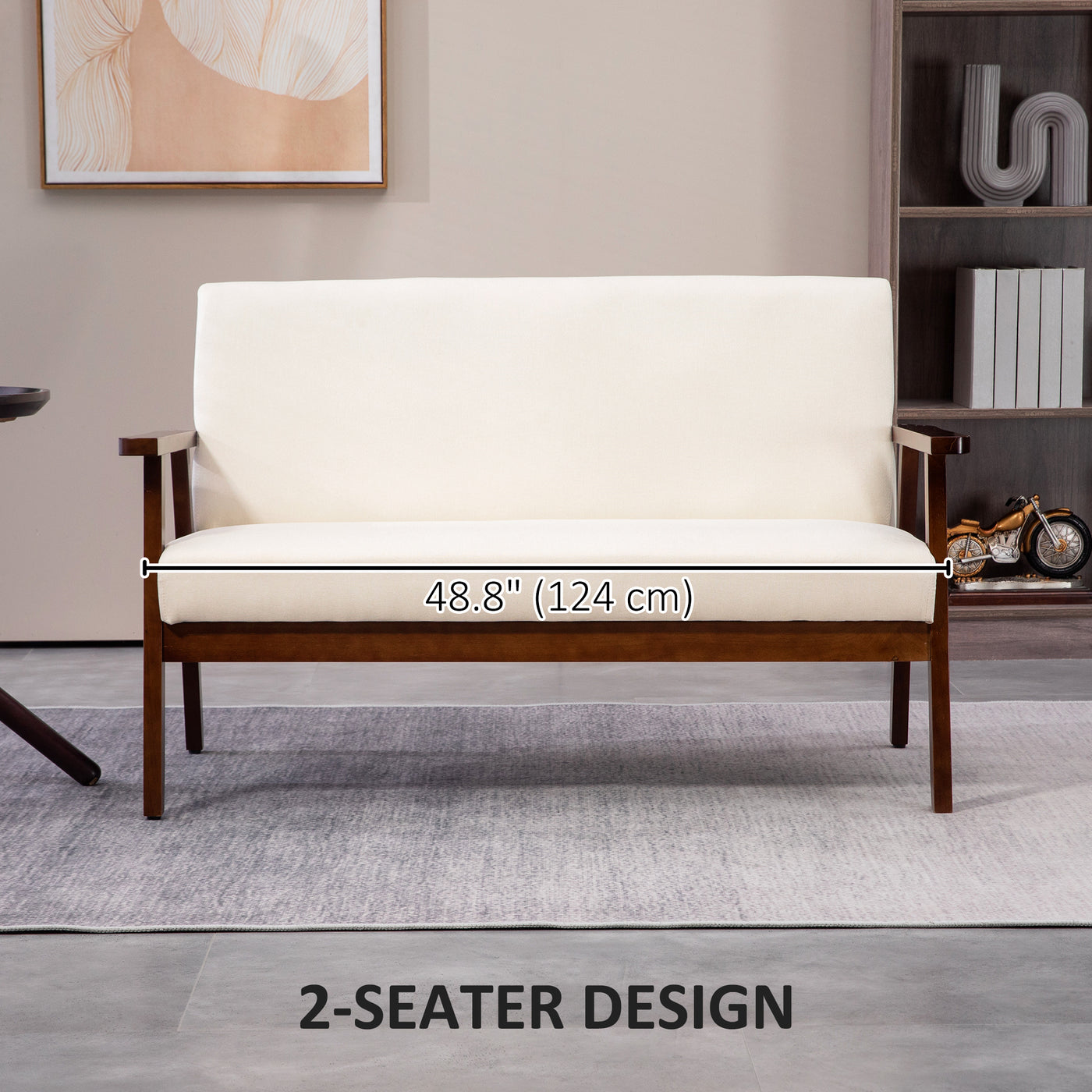 Compact Loveseat Sofa Couch Linen Fabric Double Seat Sofa with Rubber Wood Legs Cream White