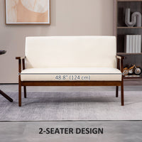 Compact Loveseat Sofa Couch Linen Fabric Double Seat Sofa with Rubber Wood Legs Cream White