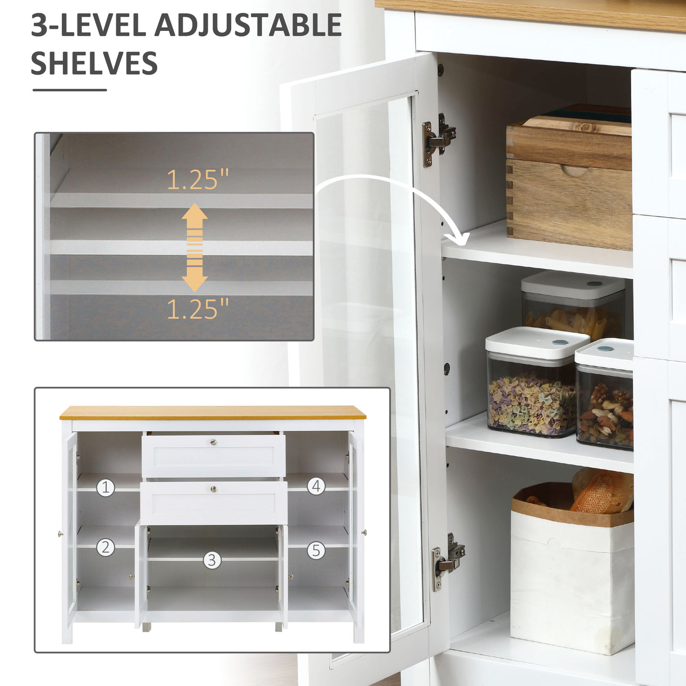 Buffet Cabinet Sideboard with 2 Drawers, 3 Storage Cabinets, Glass Doors and Adjustable Shelves, White