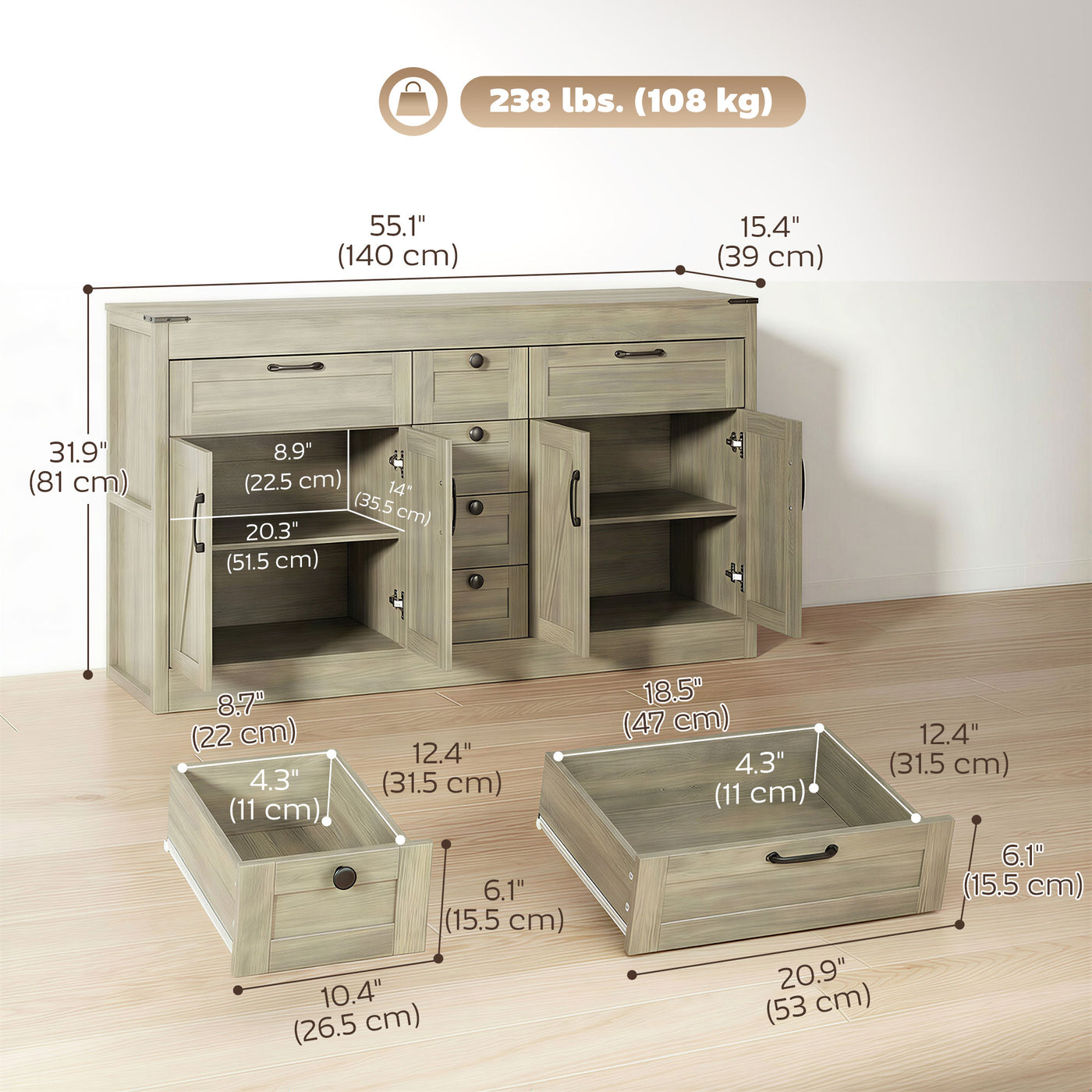Sideboard Buffet Cabinet, 55" Farmhouse Kitchen Cabinet with 4 Barn Doors, 6 Drawers and 2 Adjustable Shelves, Grey