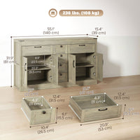 Sideboard Buffet Cabinet, 55" Farmhouse Kitchen Cabinet with 4 Barn Doors, 6 Drawers and 2 Adjustable Shelves, Grey