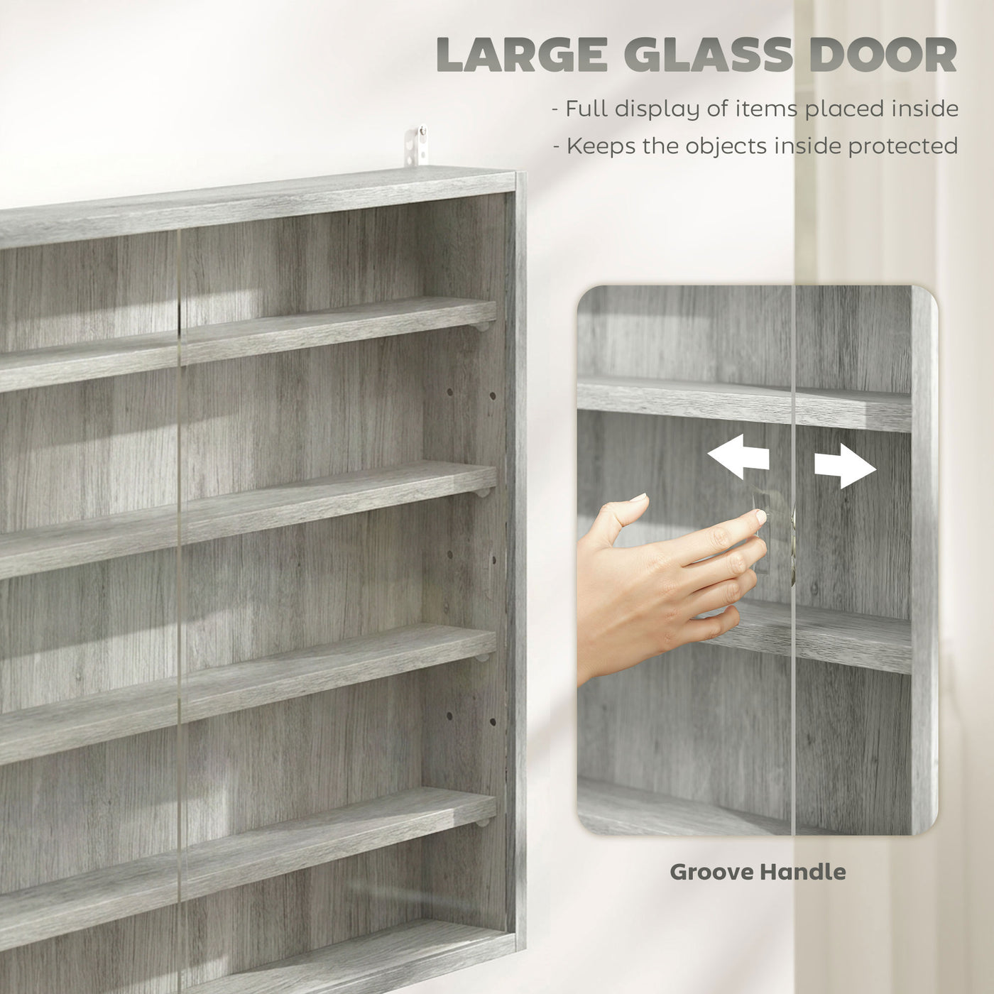 5-Tier Display Cabinet, Shot Glass Display Case, Glass Curio Cabinet with 2 Glass Doors and 4 Adjustable Shelves, Grey