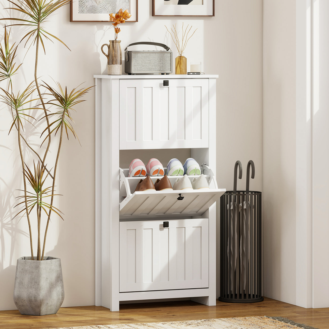 Slim Shoe Cabinet with 3 Flip Drawers, Shoe Storage Cabinet with Adjustable Shelves for Entryway, Holds 12 Pairs, White