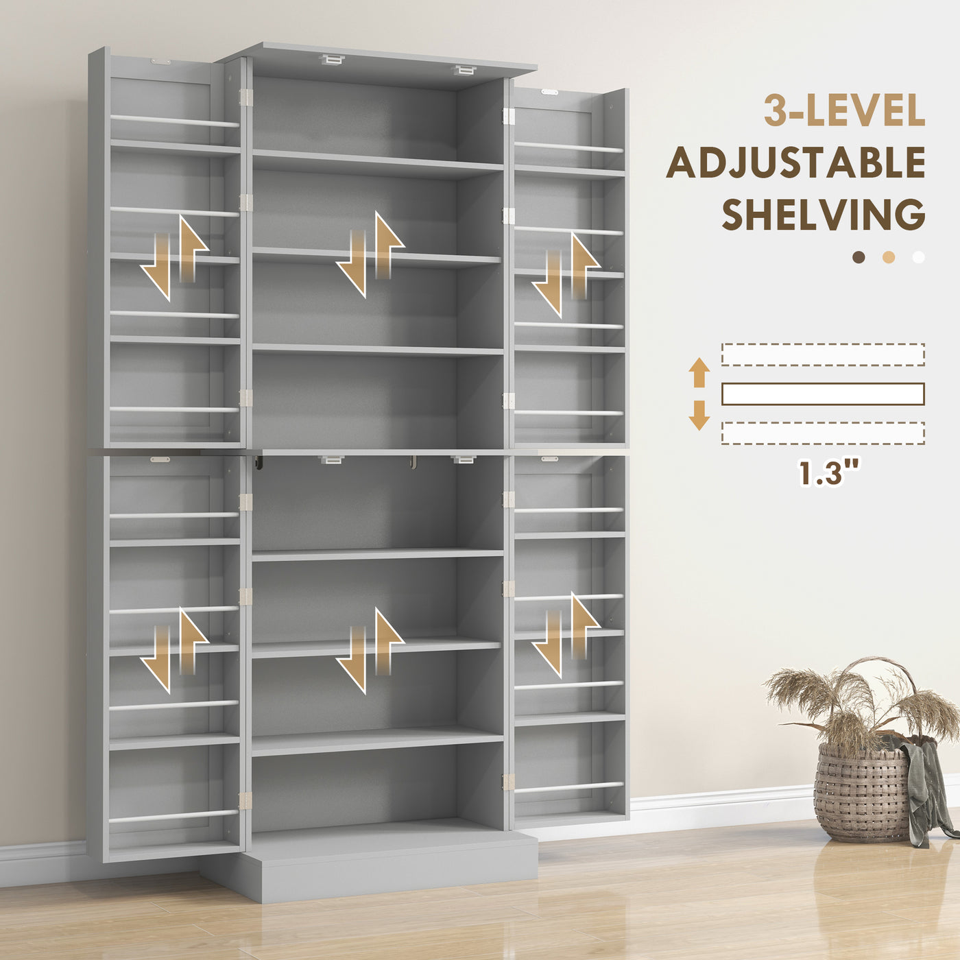 65" Kitchen Cabinet, Kitchen Pantry Cabinet with 4 Doors and 16 Door Shelves for Dining Room, Grey