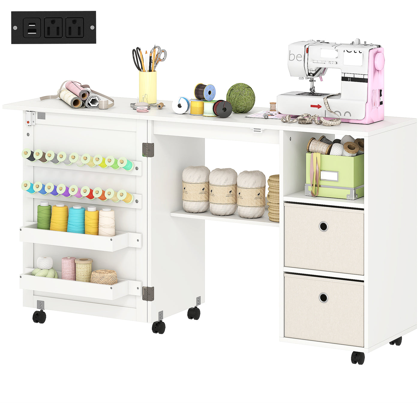 Rolling Sewing Machine Table with Power Outlet, Folding Craft Table with 2 Fabric Drawers, 2 Bins and 18 Pegs, White