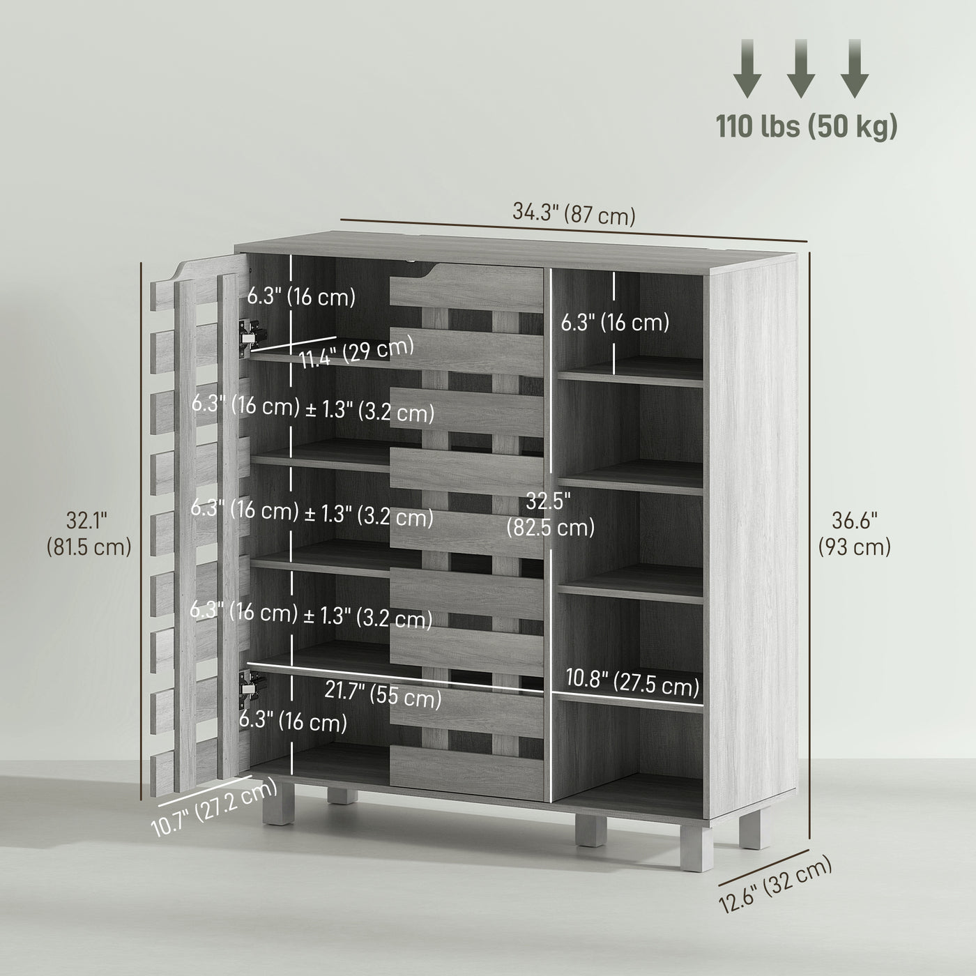 Shoe Cabinet, 21 Pair Shoe Storage Cabinet Organizer with 5-tier Double Door Cabinet and 5-tier Open Shelves, Light Grey