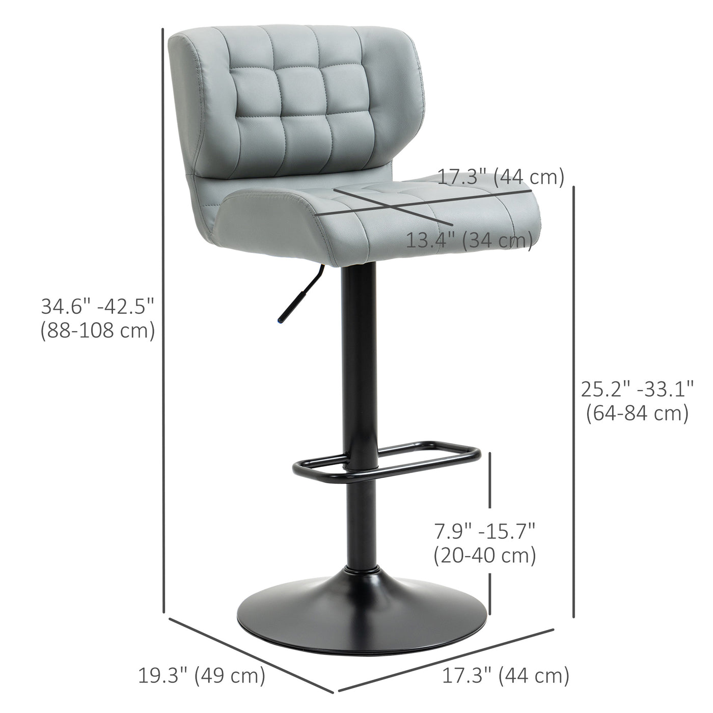 Swivel PU Leather Barstools Set of 2 Adjustable Bar Stools with Footrest Back for Kitchen Counter Dining Room Grey