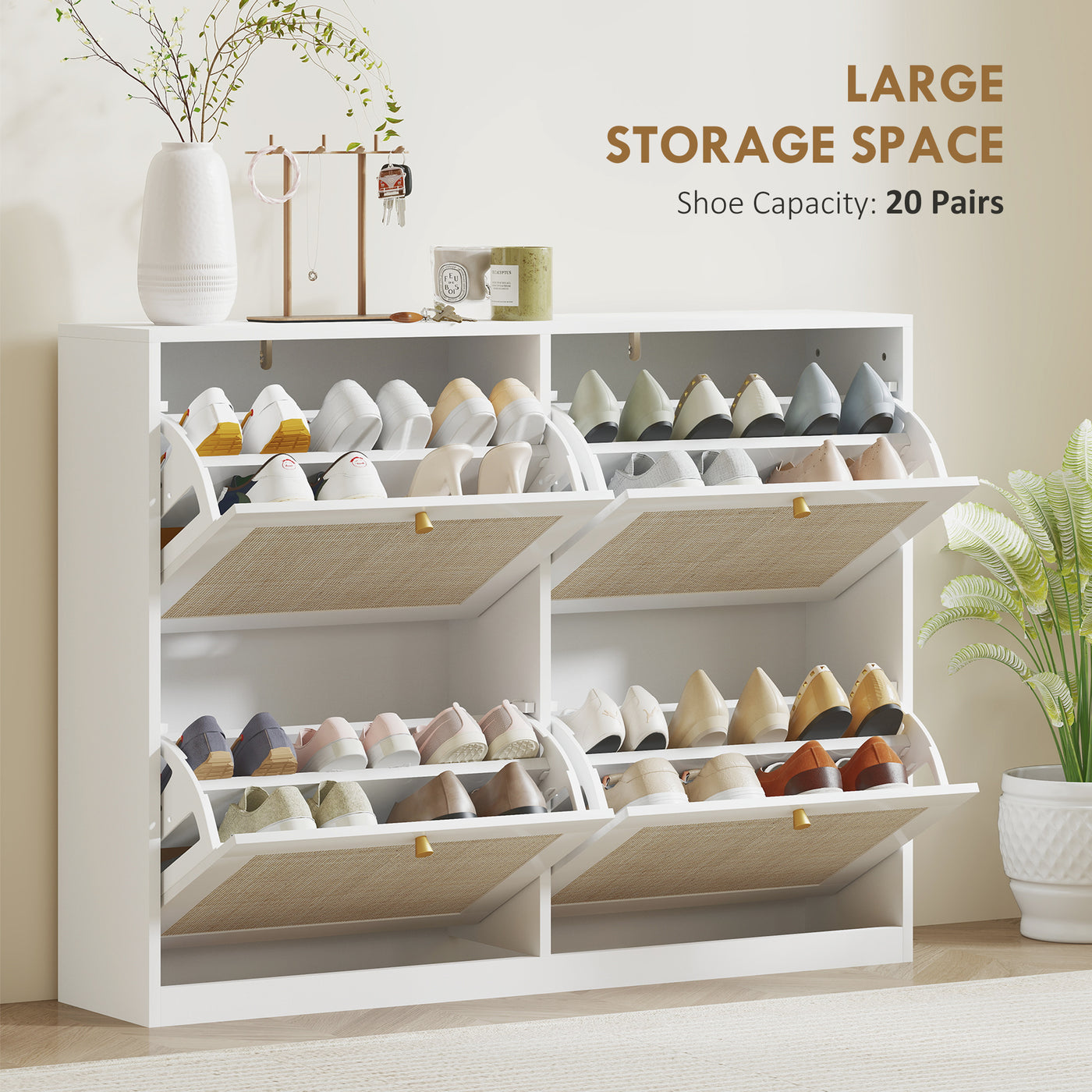 Narrow Shoe Storage Cabinet, Rattan Shoe Cabinet with 4 Flip Drawers and Adjustable Shelves for 20 Pairs, White