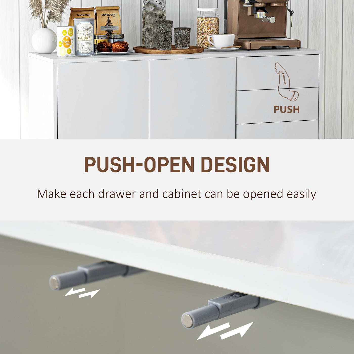 Kitchen Sideboard Storage Cabinet, Modern Coffee Bar with Push-Open Design and 2 Drawers for Living Room, White