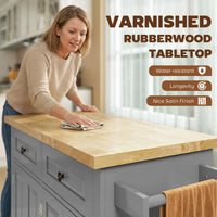 Kitchen Island with Storage, Rolling Trolley Cart with Rubber Wood Top, Spice Rack, Towel Rack, 2 Locking Brakes,Grey