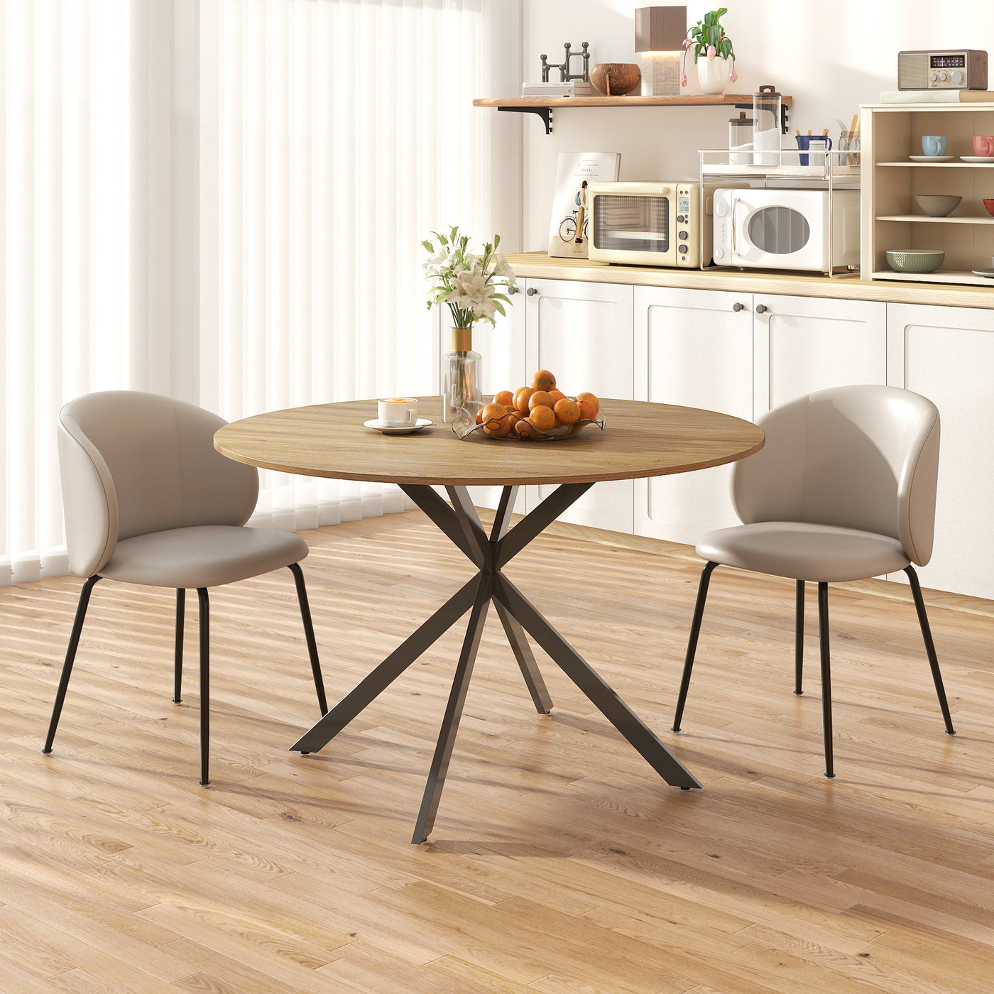 47" Round Kitchen Table for 4, Industrial Dining Table with Steel Legs for Dining Room, Brown and Black