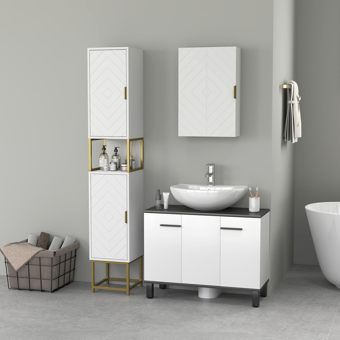 2-Piece Bathroom Storage Cabinet Set, Bathroom Cabinets with Adjustable Shelves, Free Standing, Wall-Mounted, White
