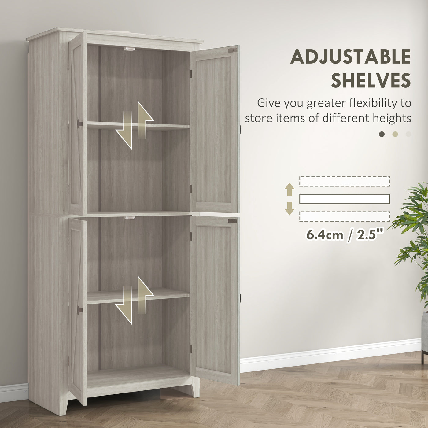 72" Freestanding Storage Cabinet, Kitchen Pantry Cabinet with Doors and Shelves for Dining Room, Grey