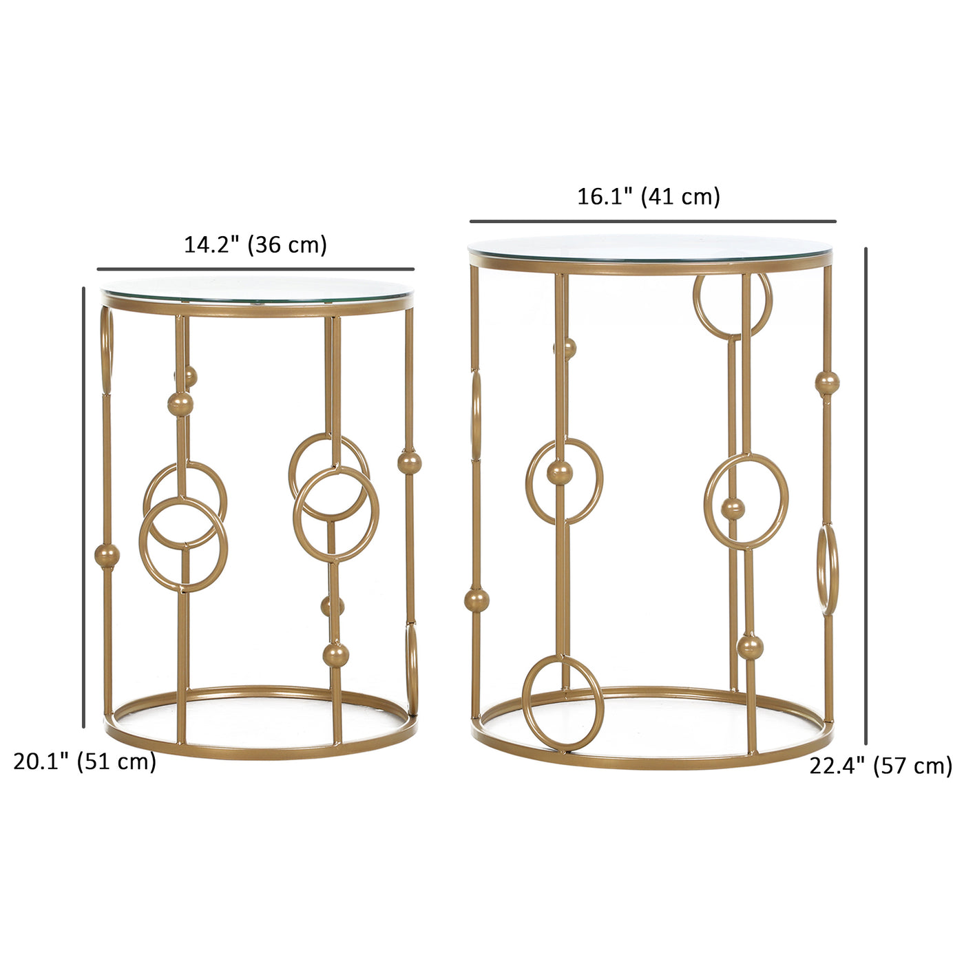 Round Coffee Tables Set of 2, Gold Nesting Side End Tables with Tempered Glass Top, Steel Frame for Living Room