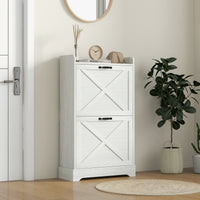 Slim Shoe Storage Cabinet, Farmhouse Shoe Cabinet with 2 Flip Drawers, Adjustable Shelves for 8 Pairs, Distressed White