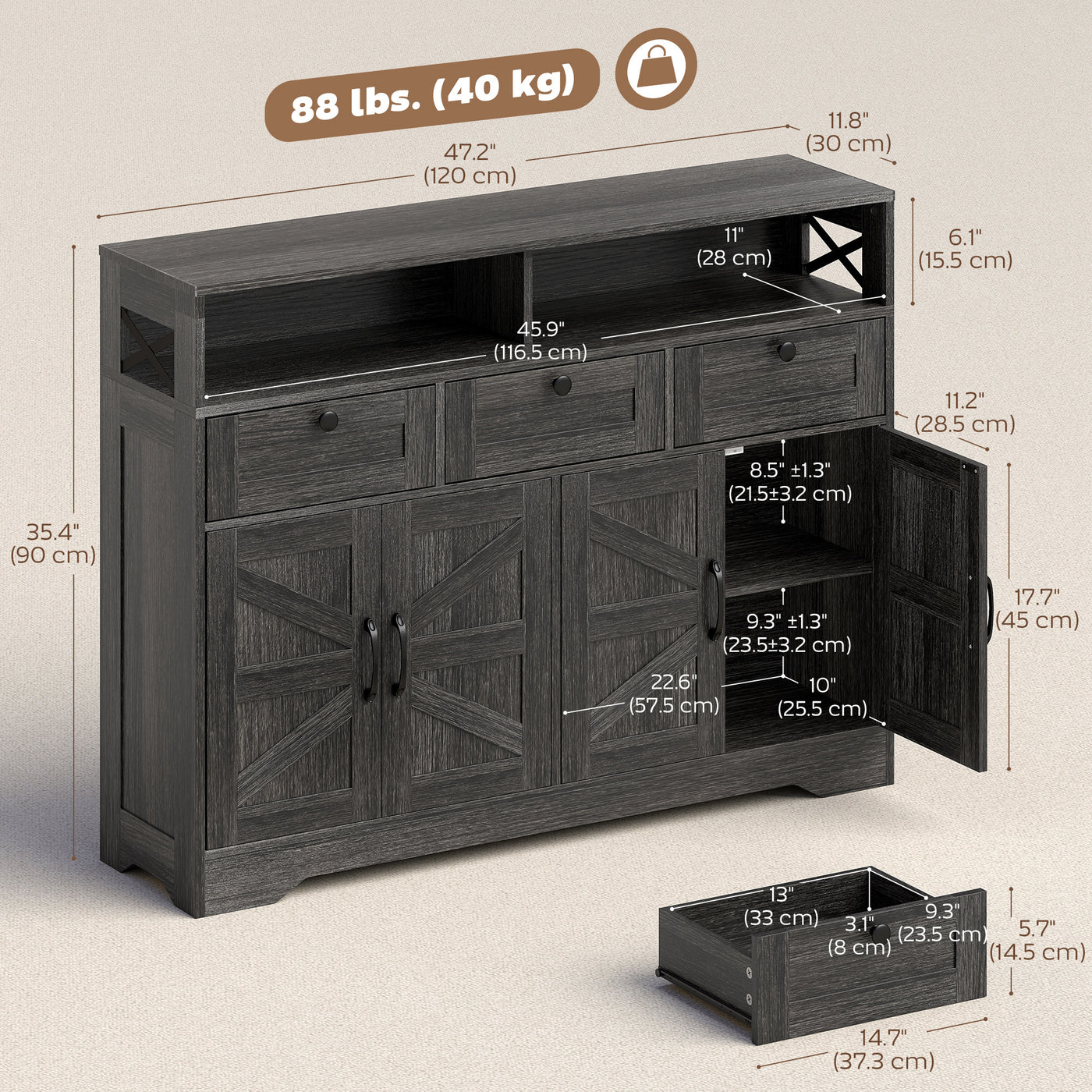 Sideboard, Buffet Cabinet with 4 Barn Doors and 3 Drawers, Coffee Bar Cabinet with Adjustable Shelves, Dark Brown