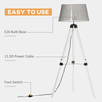 Tripod Floor Lamp, Adjustable Height Wooden Standing Lamp with E26 Lamp Base for Living Room, Bedroom, White and Grey