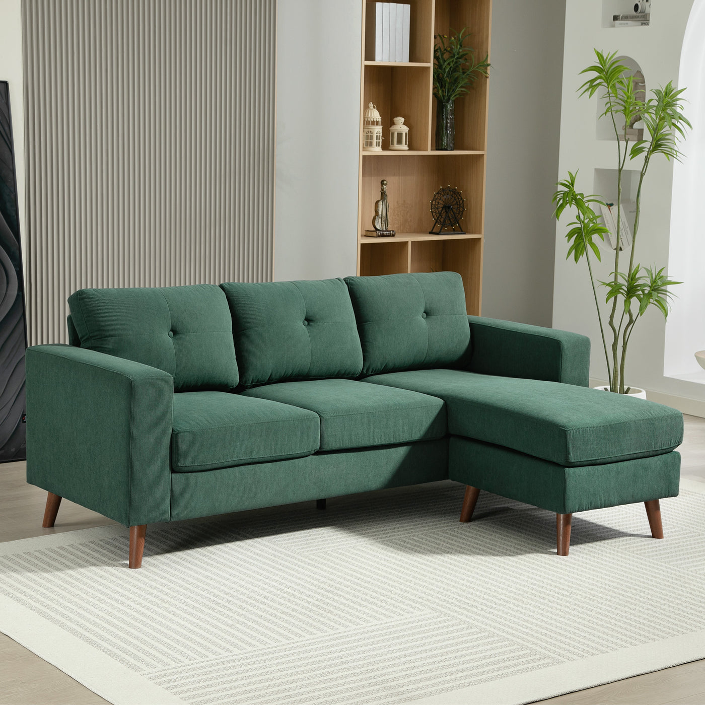 Sectional Sofa with Changeable Chaise Lounge, 3 Seat L-Shaped Sofa, Upholstered Couch for Small Space, Dark Green