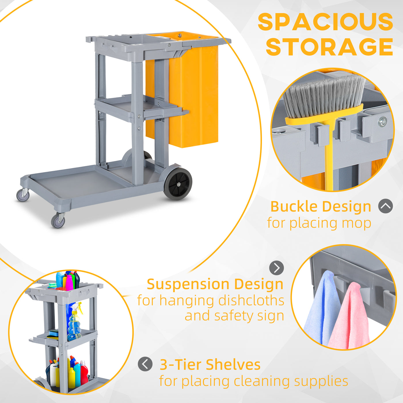 Janitorial Cart with 3 Shelves, Cleaning Cart on Wheels with Rubbish Bag and Mop Holders for Hotel, Housekeeping, Grey