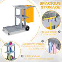 Janitorial Cart with 3 Shelves, Cleaning Cart on Wheels with Rubbish Bag and Mop Holders for Hotel, Housekeeping, Grey