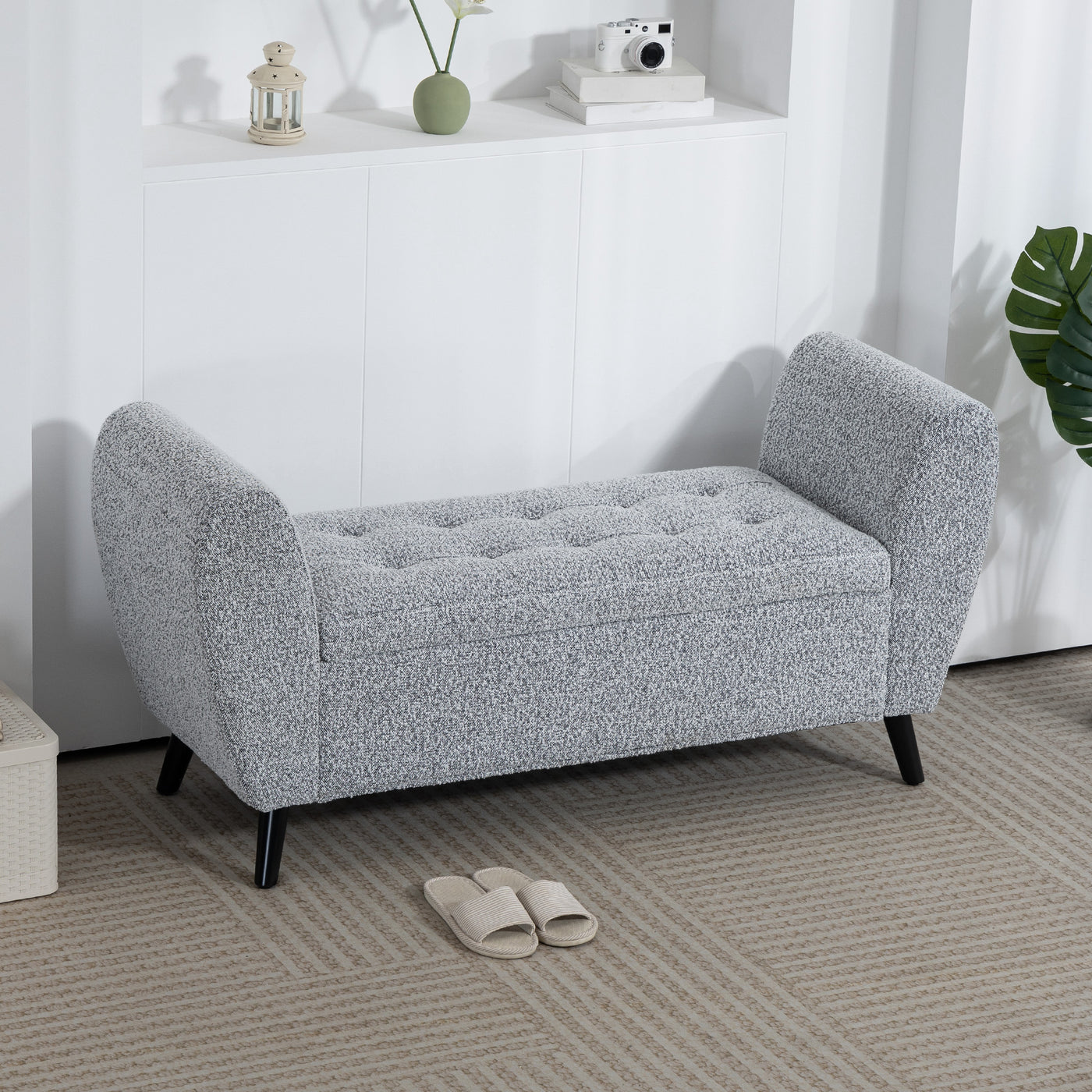 Upholstered Storage Bench with Arms, Modern Ottoman Bench for Bedroom, Entryway, and Living Room, Grey