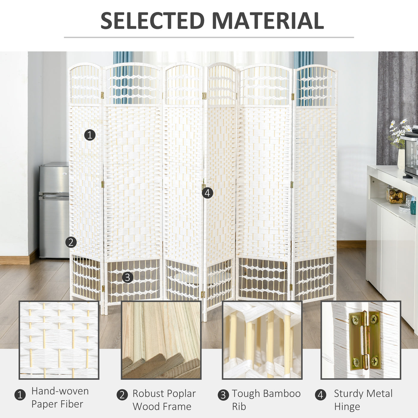 6 Panel Room Divider, 5.6 ft Tall Folding Privacy Screen, Wave Fiber Freestanding Partition Wall Divider for Home Office, White