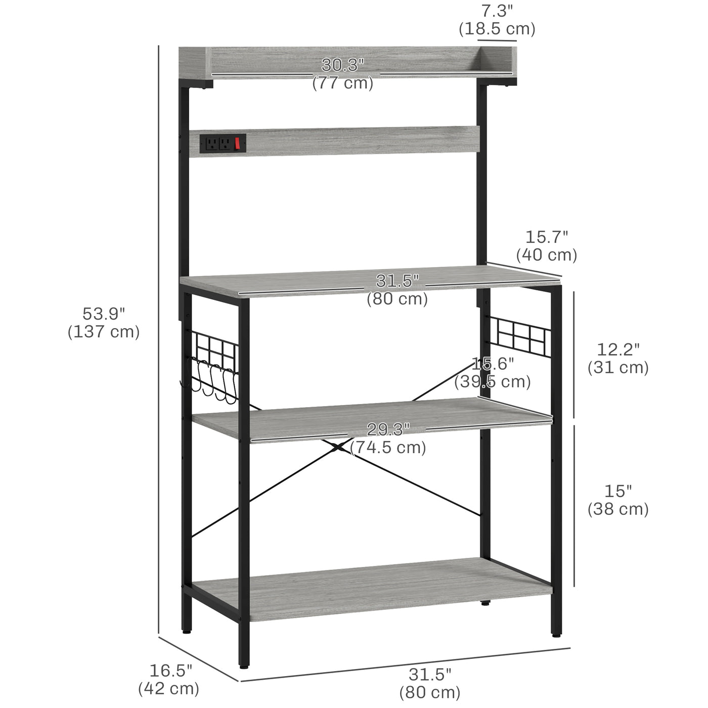 Kitchen Baker's Rack with Power Outlet, Coffee Bar Station with Adjustable Shelves and Hooks, Distressed Grey
