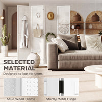 5.6 Ft. Tall 4-Panel Room Divider, Pegboard Panel Folding Privacy Screen, Partition Wall Divider for Bedroom, White