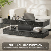 Coffee Table with Adjustable LED Lights, Center Table with 2 Drawers, Open Shelf, Remote, High Gloss Marble-Effect Black