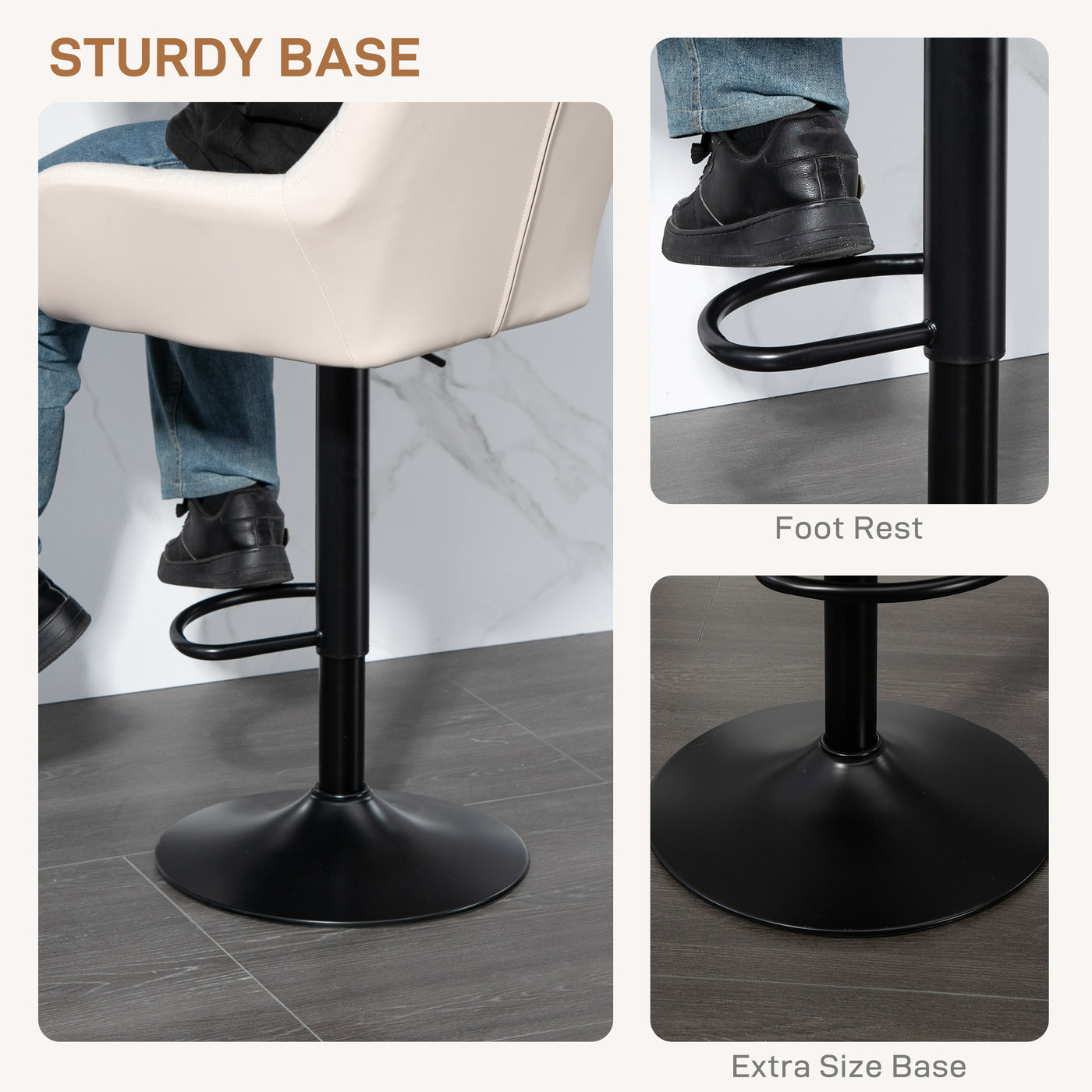 Swivel Barstools Set of 2 Adjustable Bar Stools with Footrest Armrests and PU Leather Back for Dining Room Cream White