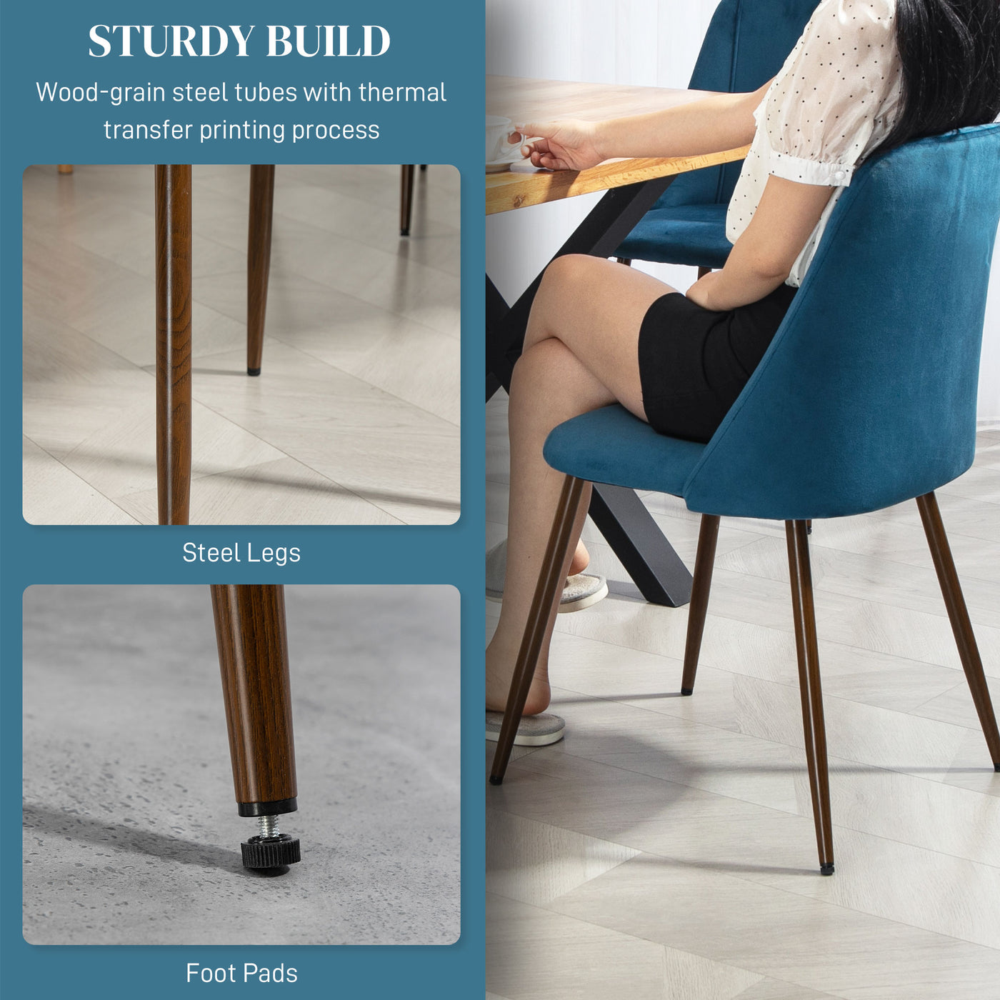 Upholstered Dining Chairs Set of 4, Velvet Accent Chair with Back and Wood-grain Steel Leg for Kitchen, Dark Blue