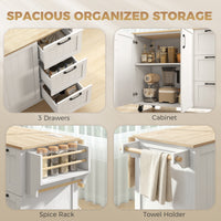 Kitchen Island with Drop Leaf, Rolling Kitchen Cart with Power Outlet, Cabinet, 3 Drawers, Spice Rack, Towel Bar, White