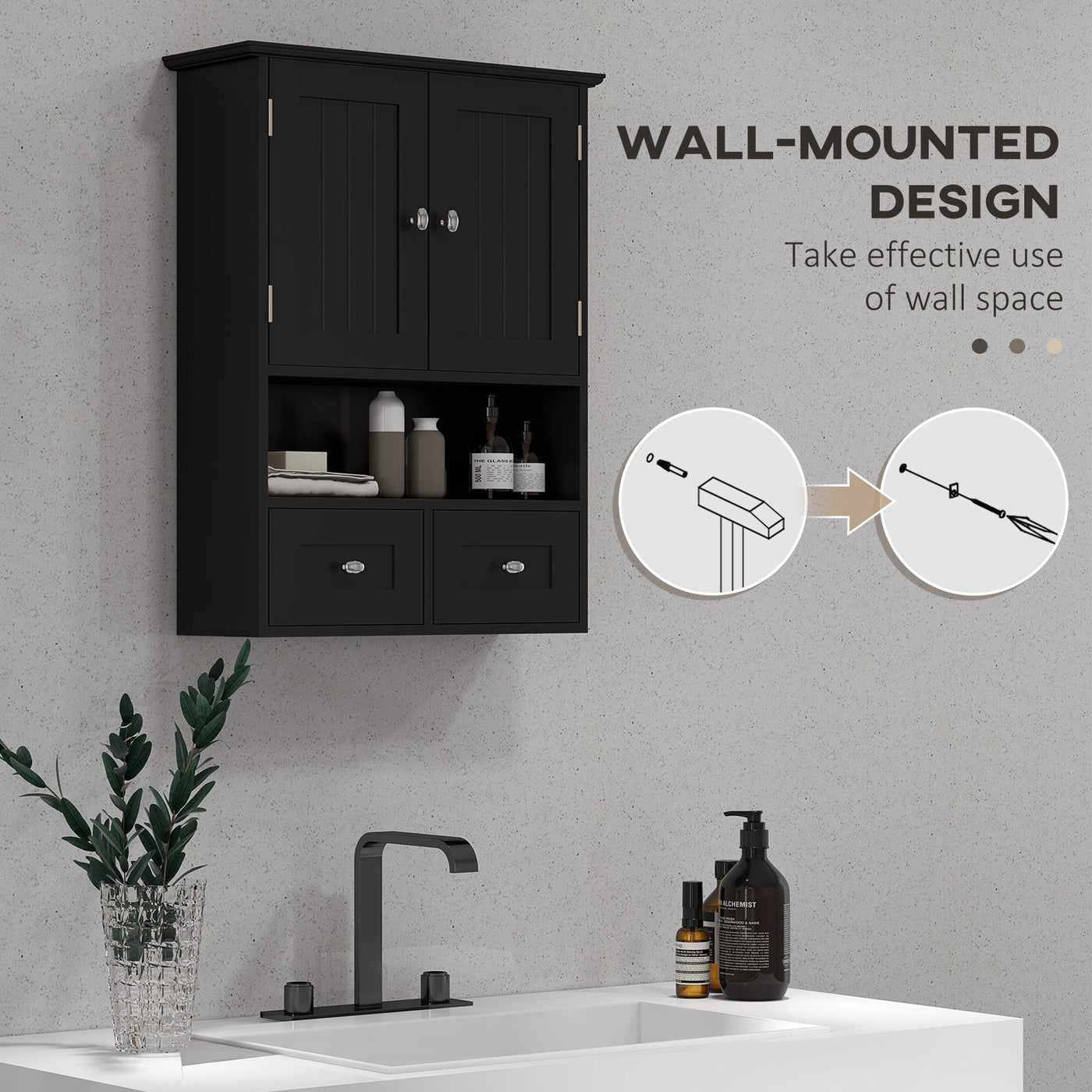 Medicine Cabinet, Bathroom Wall Cabinet with Shelf and Drawers for Hallway, Living Room, Black