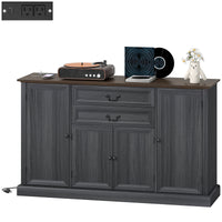 Farmhouse Sideboard with Charging Station and Thickened Top, 58" Buffet Cabinet with 2 Soft-Close Drawers, Black