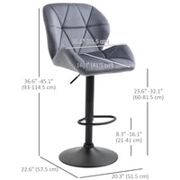 Bar Stool Set of 2 Fabric Adjustable Height Armless Upholstered Counter Chairs with Swivel Seat, Grey