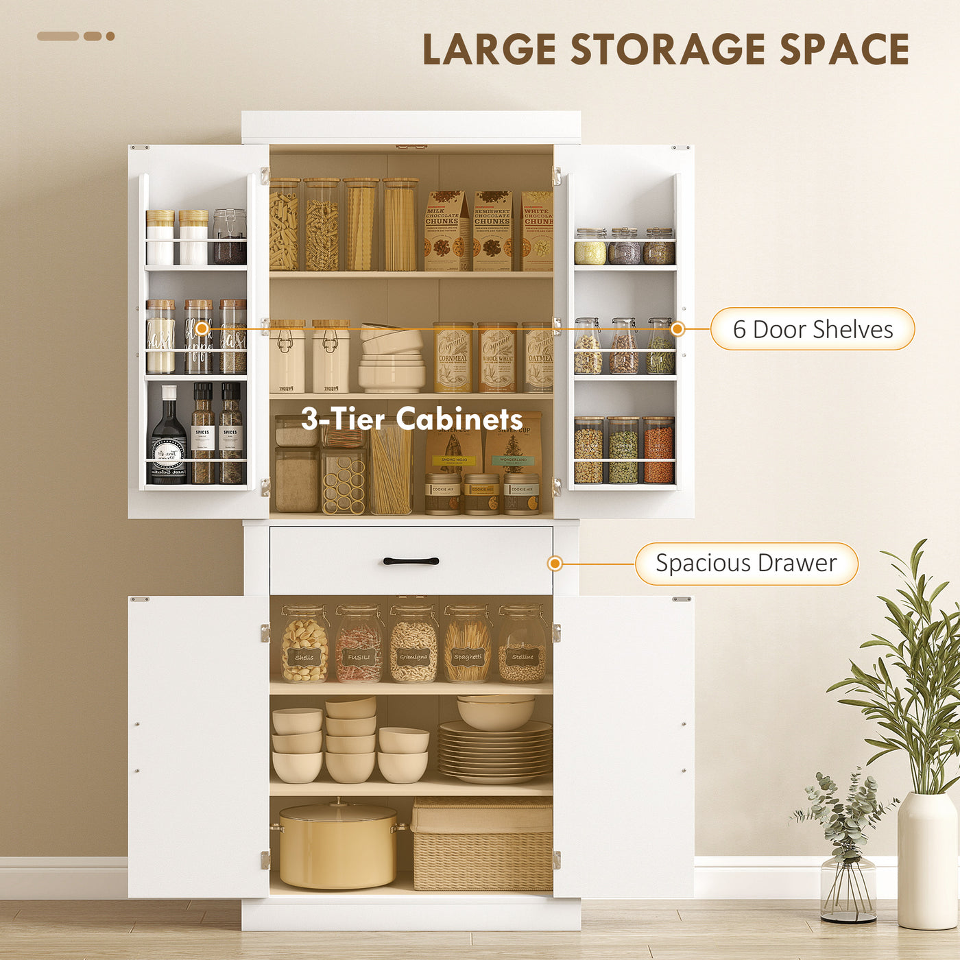 72" Kitchen Pantry Cabinet, Farmhouse Kitchen Storage Cabinet with 4 Barn Doors, 6 Door Shelves, Drawer, White