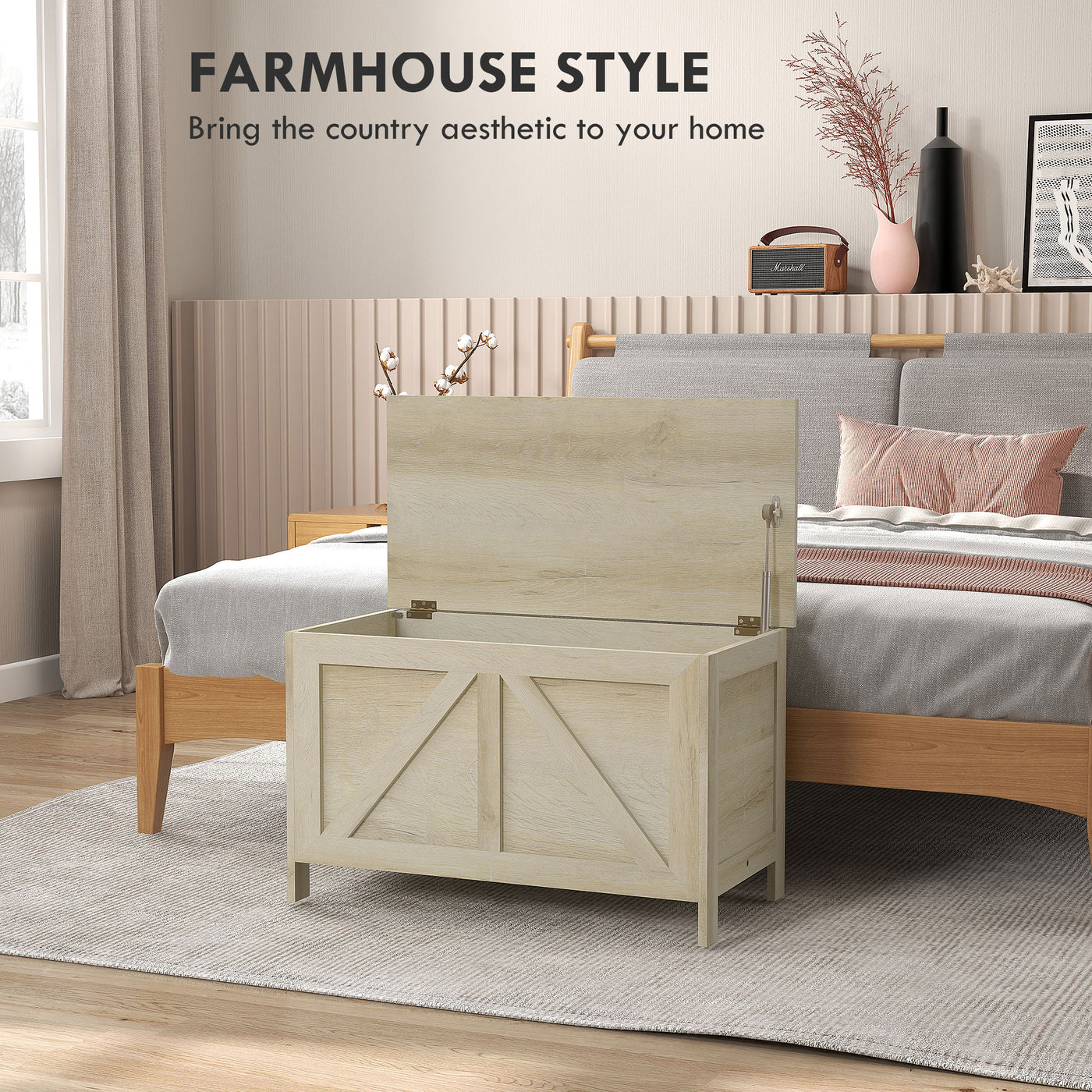 Storage Trunk Box Organizer with Farmhouse Panel Safety Hinge to Open Up 100° Natural