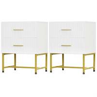 2 Pieces Nightstands with Storage, Modern Bedside Tables with 2 Fluted Drawers and Gold Legs for Bedroom, White