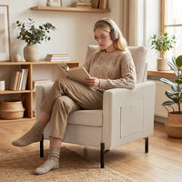 Accent Chair Modern Upholstered Armchair with Side Pockets and Cushion for Bedroom, Living Room, Beige