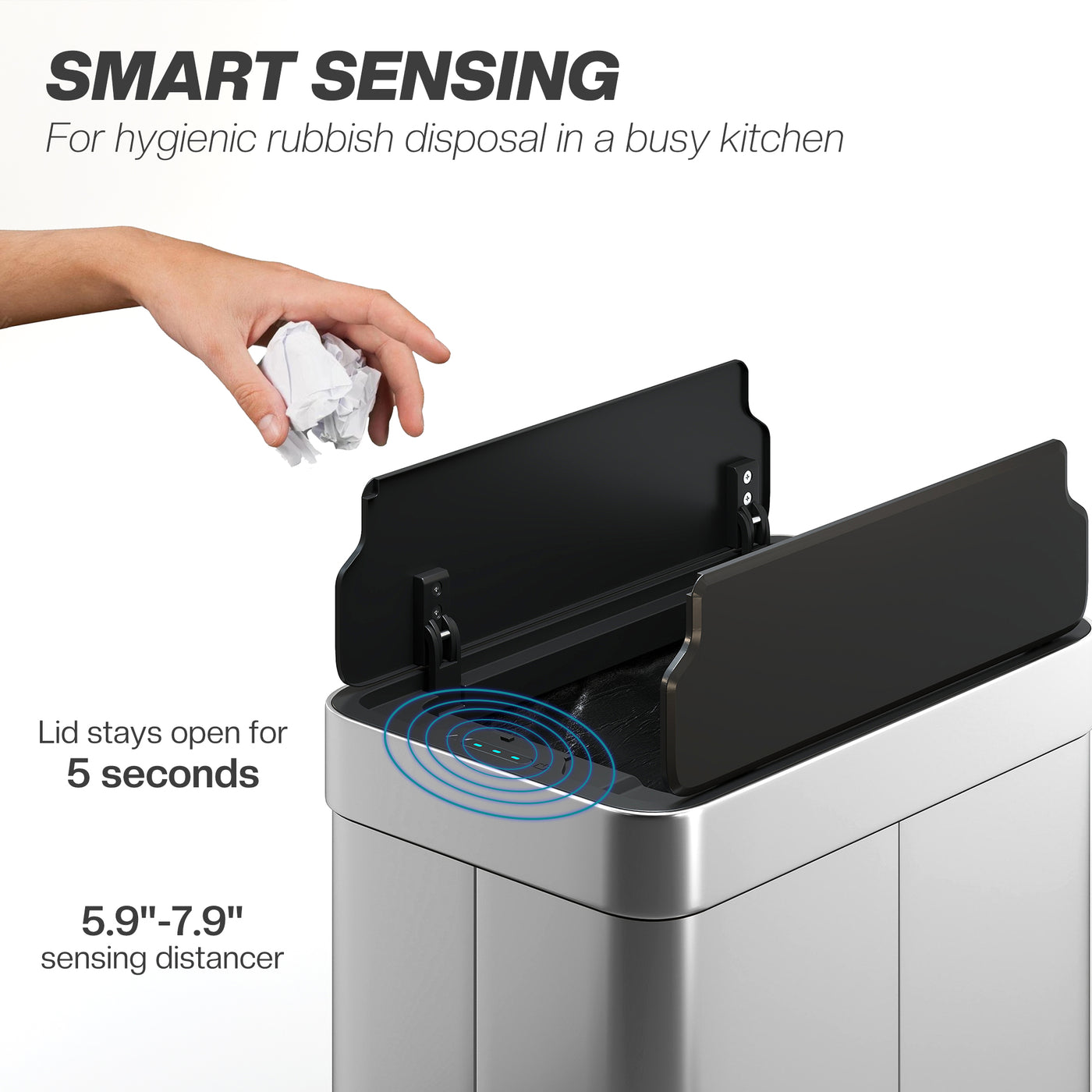 13.2 Gallon (50 L) Sensor Can, Garbage Can with Soft-Close Butterfly Lid, Fingerprint-Proof Stainless Steel, Silver