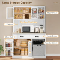 69" Kitchen Pantry Cabinet with Charging Station Kitchen Cabinet with Microwave Stand 7 Gallon Trash Can Cabinet White