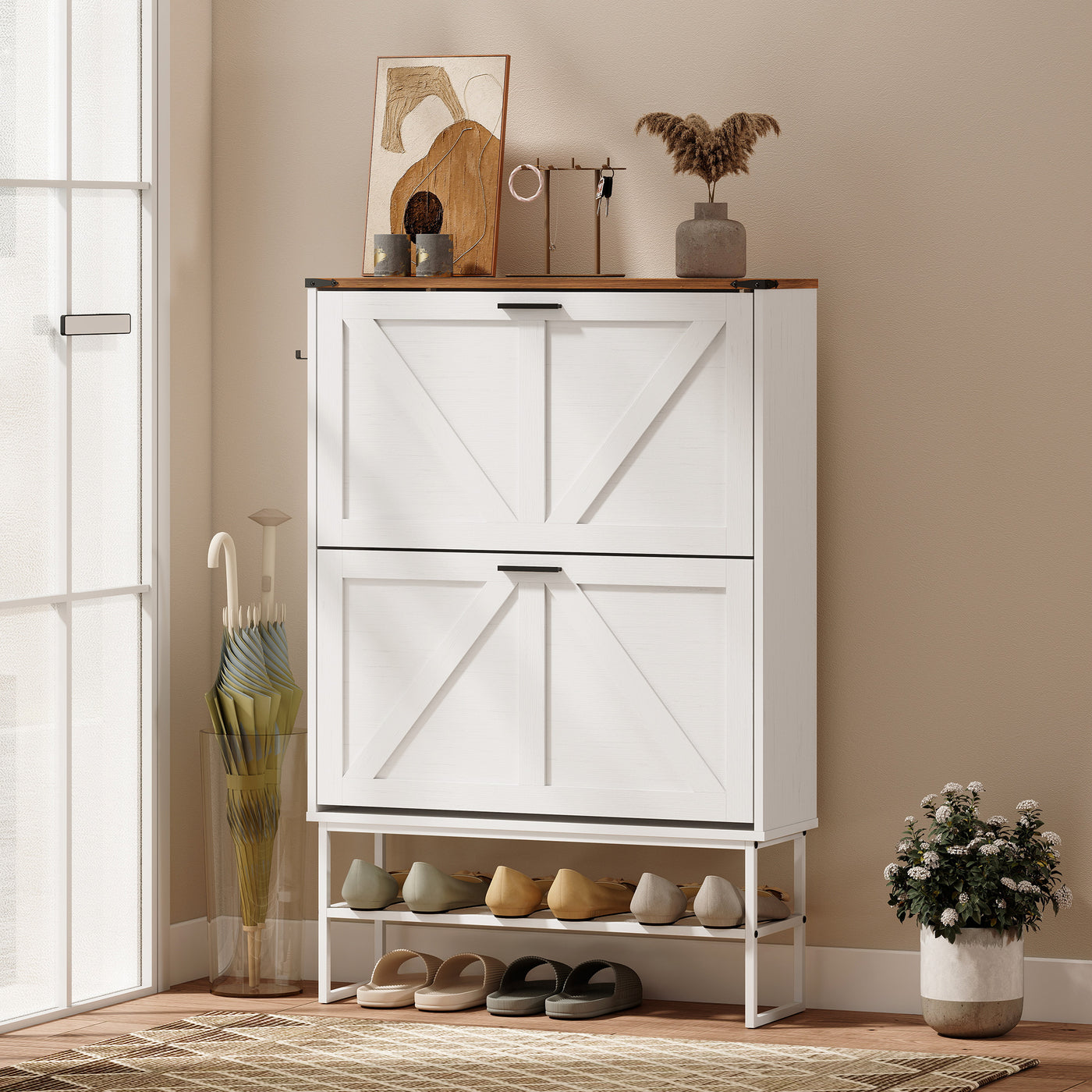 Narrow Shoe Storage Cabinet with 2 Flip Drawers, Slim Shoe Cabinet for 15-20 Pairs, White Wood Grain
