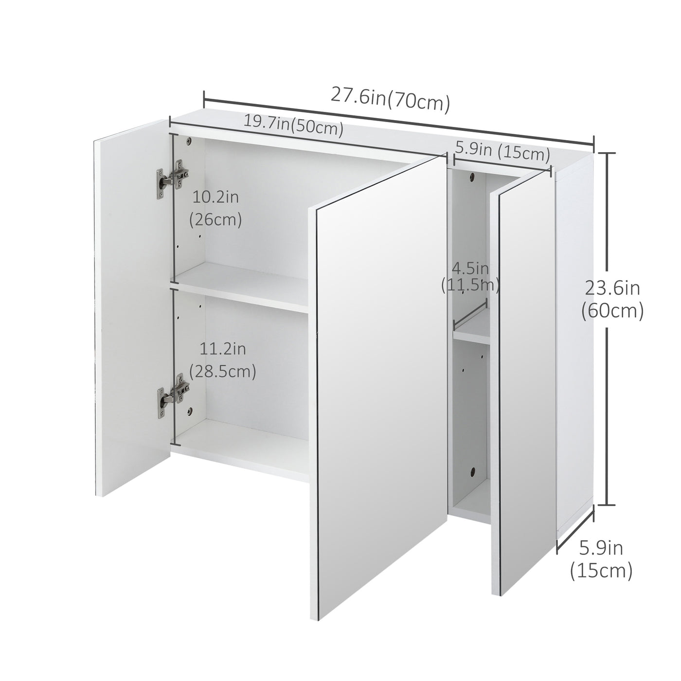 28" x 24" Wall Mounted Mirror Cabinet, Bathroom Medicine Cabinet with Mirror, 3 Doors and Adjustable Shelves, White