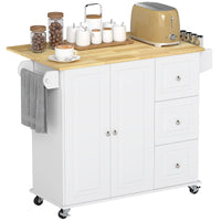 Kitchen Island on Wheels, Kitchen Cart with Drop Leaf, Drawers, Storage Racks, Rubberwood Top, White